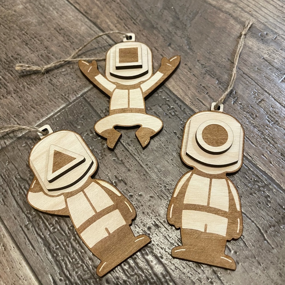 Squid game custom made wooden Christmas holiday ornaments set of 3